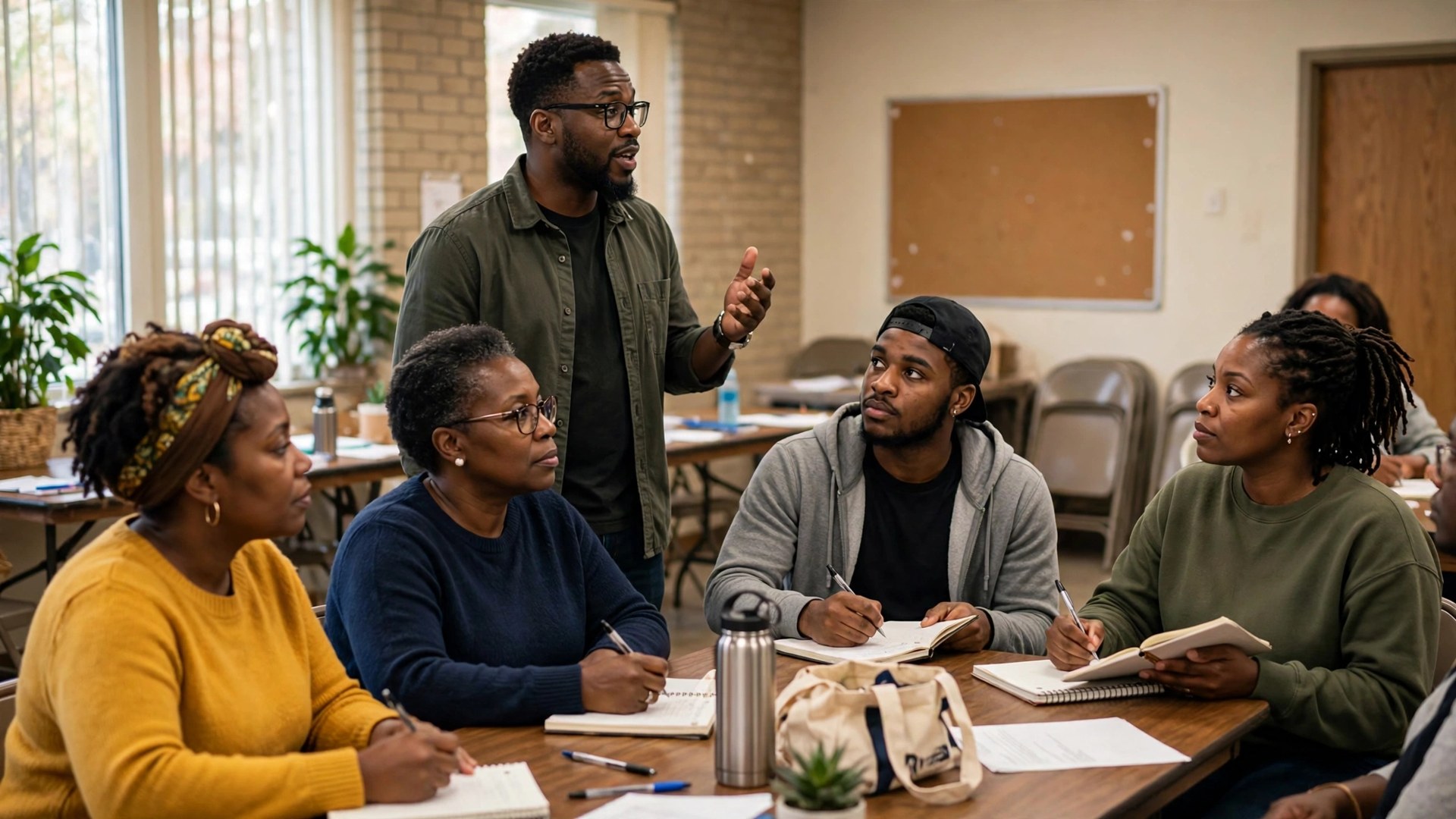 Black community members learning at a financial workshop inside a community center