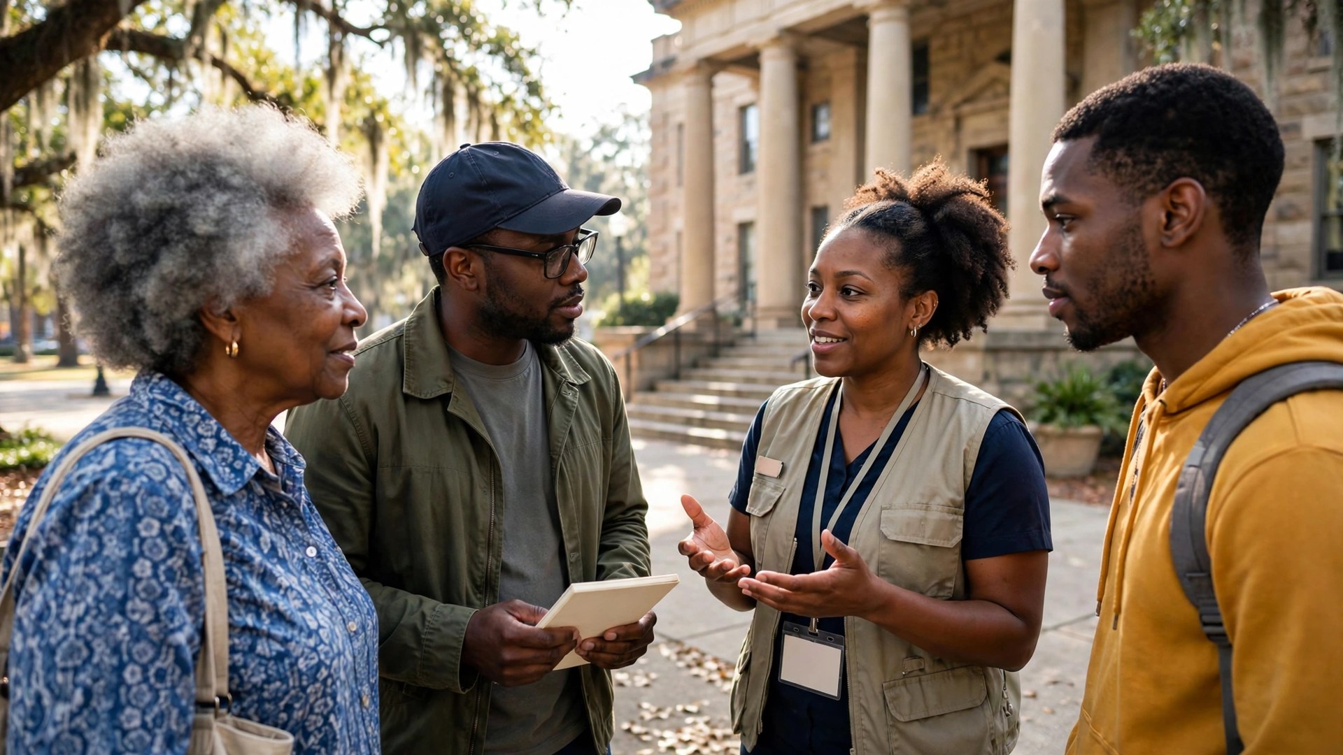 Black community members talking with a poll worker outside a courthouse
