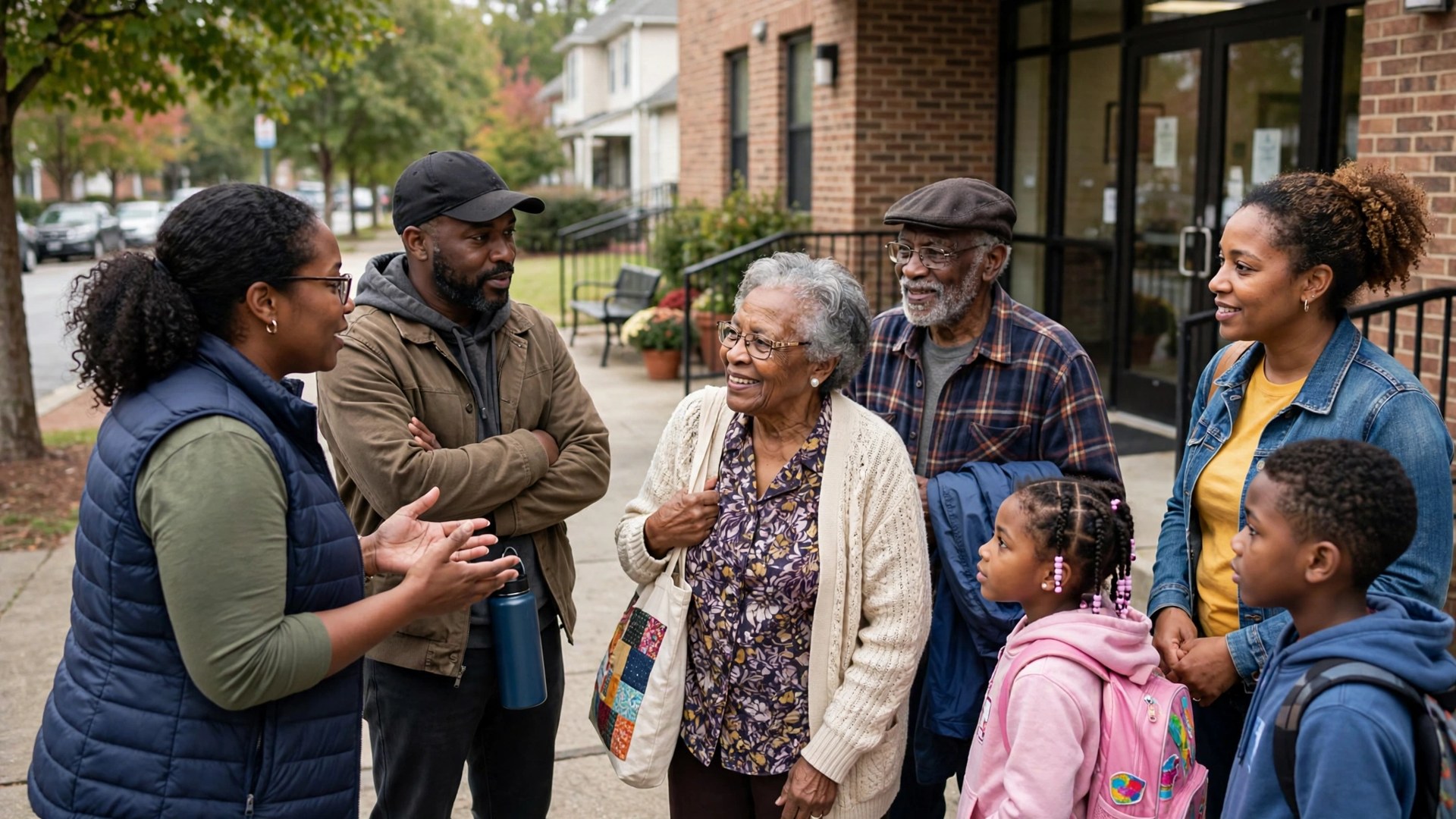 Black community organizers talking with voters outside a community center in Atlanta