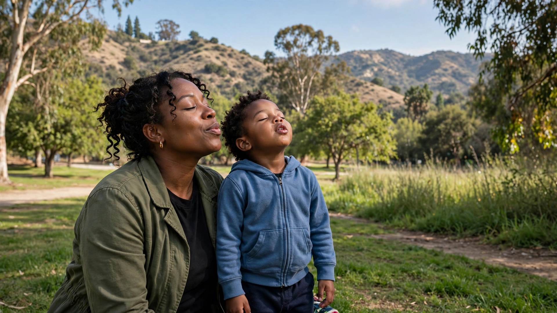 Black mother and child enjoying fresh air in a green Los Angeles park