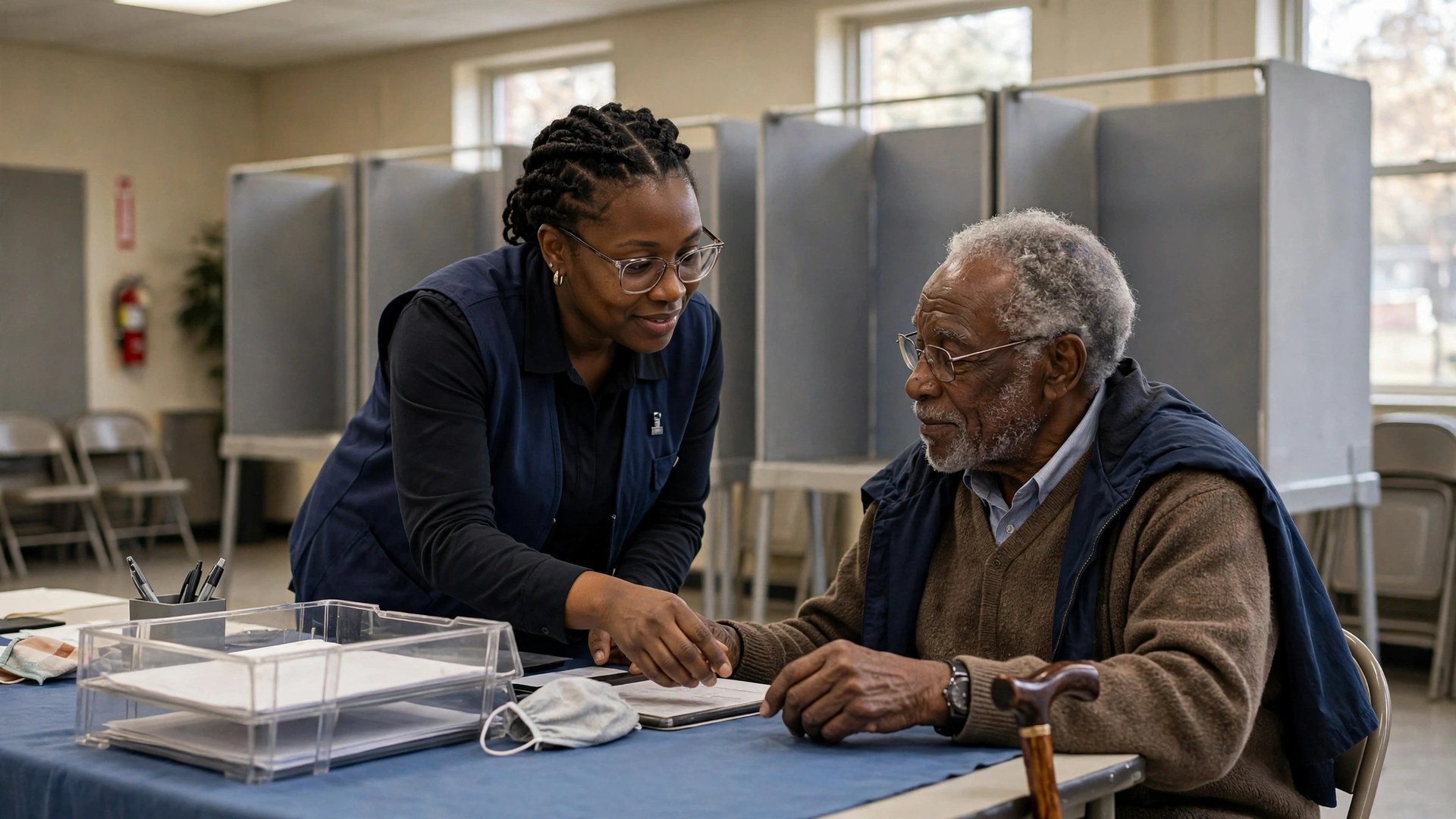 Black poll worker helping an elderly Black voter check in at a polling place table
