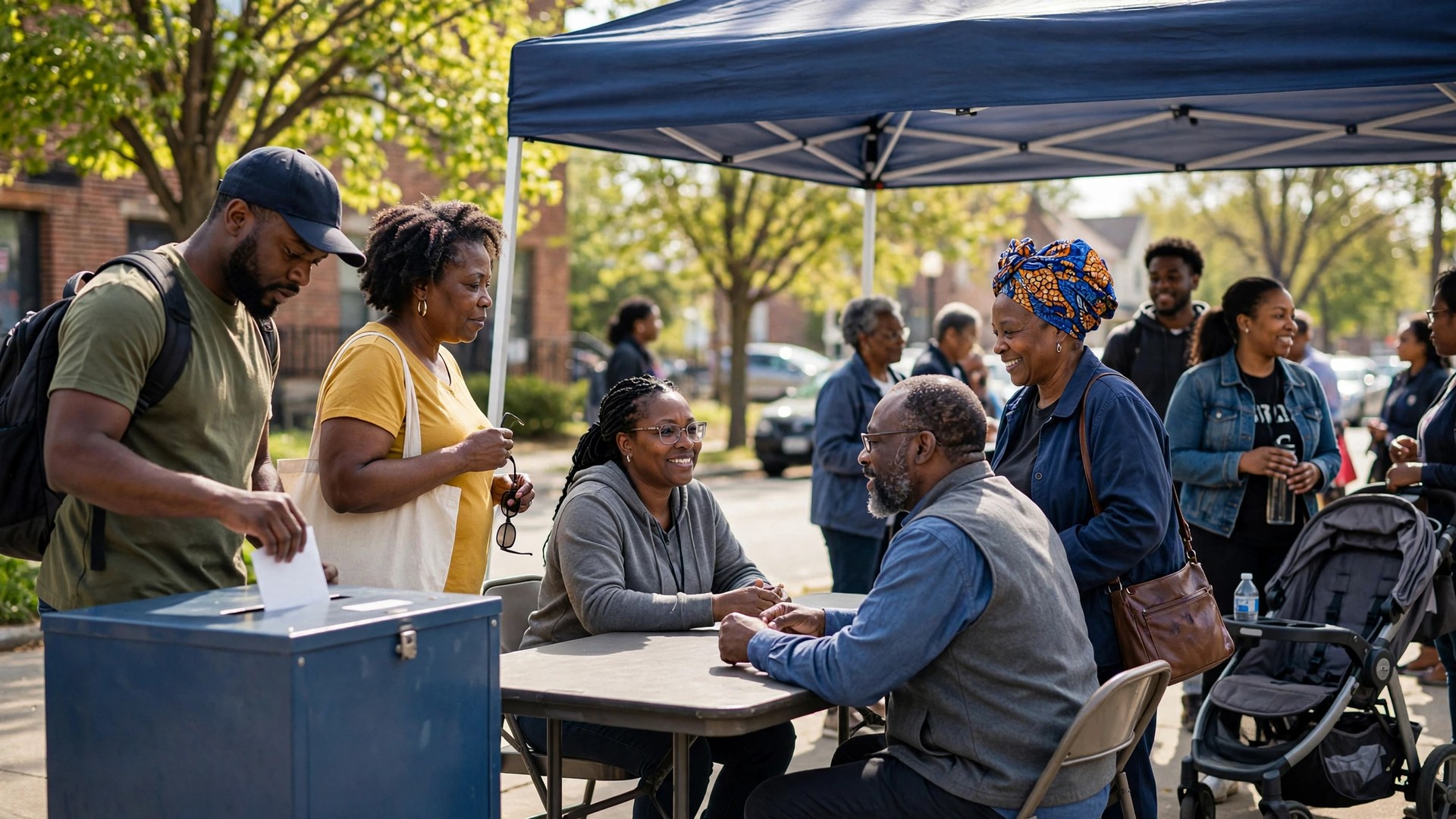 Black voter dropping a ballot into a collection box with help from a poll worker