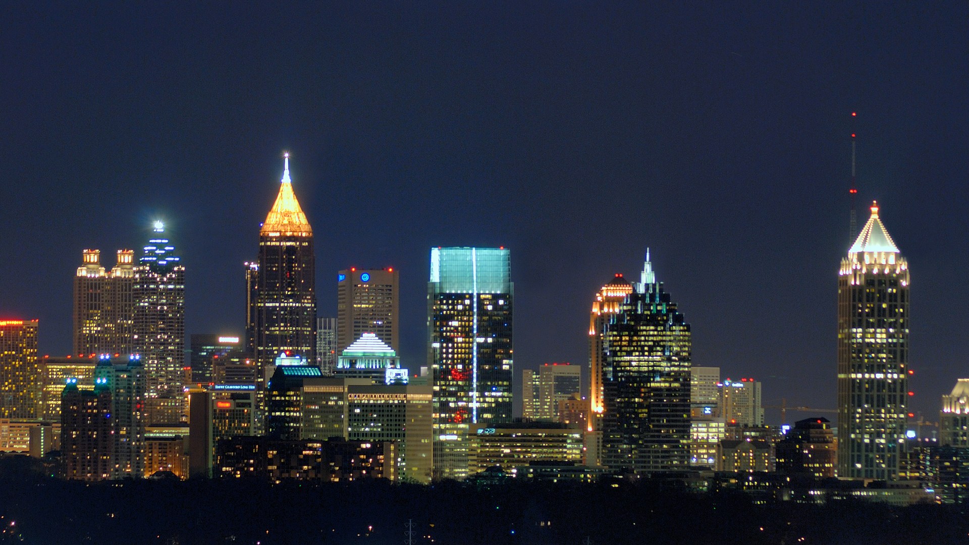 The Atlanta skyline seen from Buckhead under a clear sky