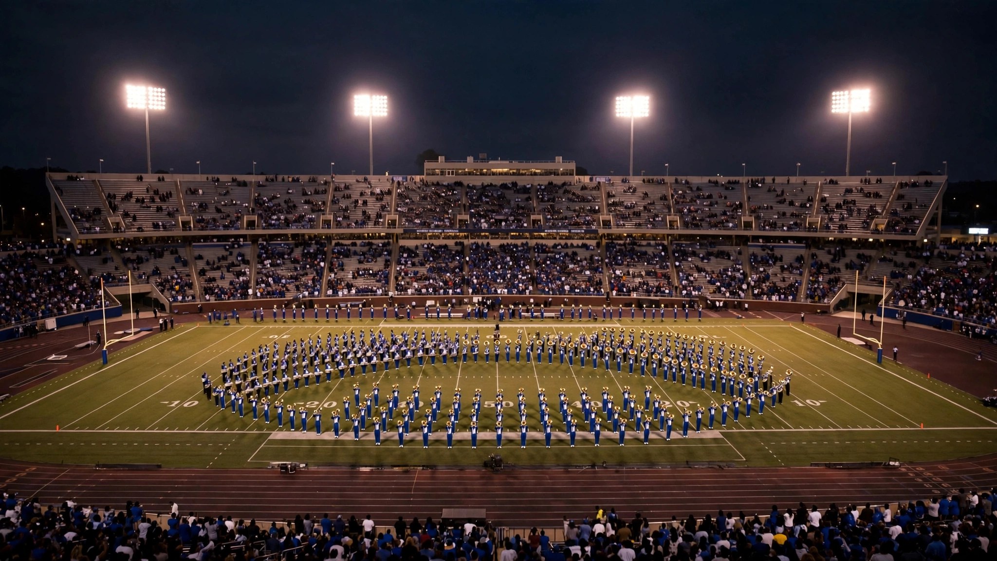 Marching band performs at halftime during homecoming