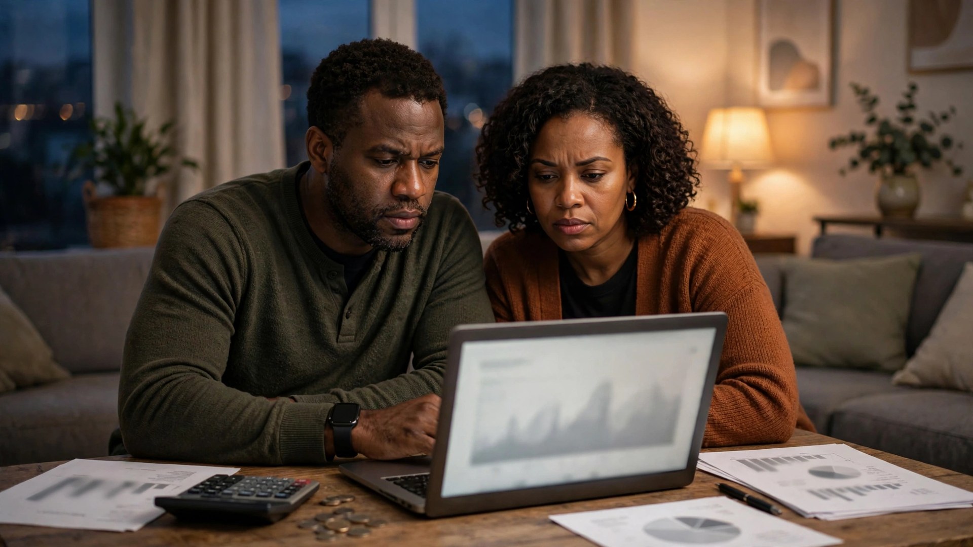 A couple reviews household finances together on a laptop at home