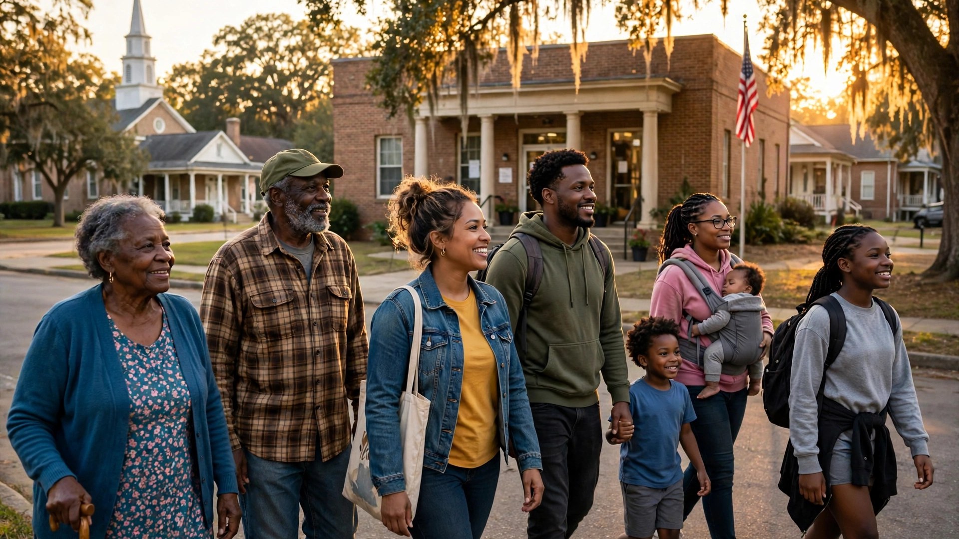 Black families and elders walking together toward a community polling place in Georgia at golden hour