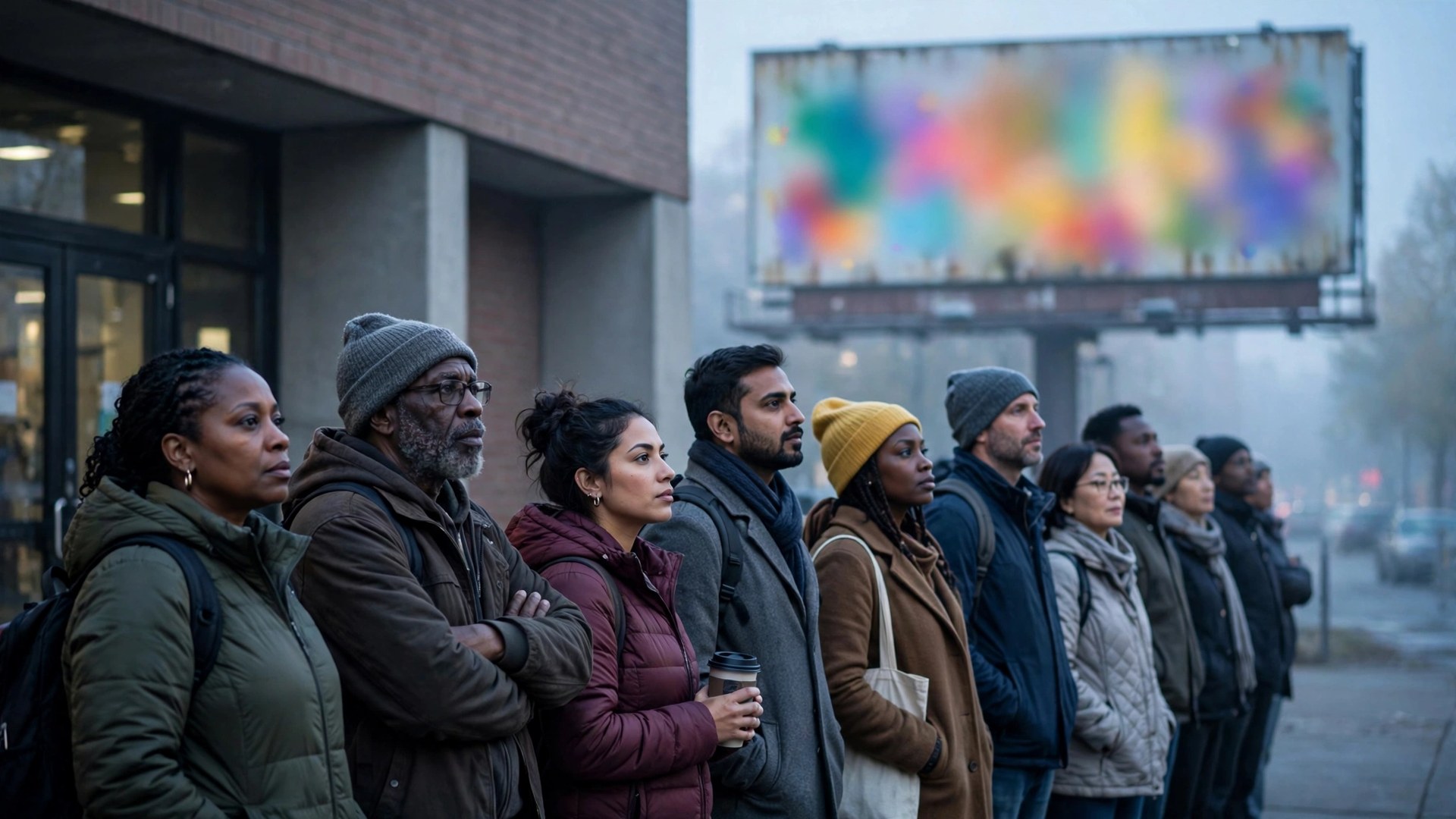 Early voters waiting in line outside a polling place at dawn
