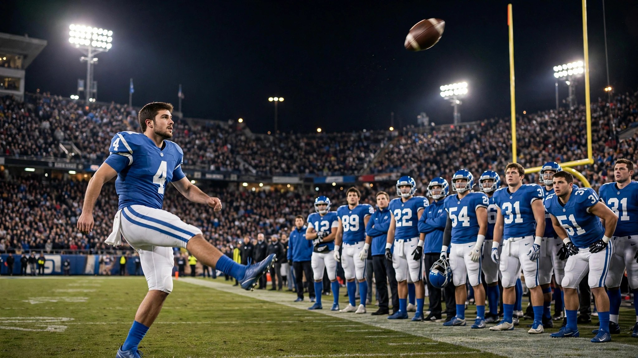 Kicker sending long field goal through uprights at night stadium