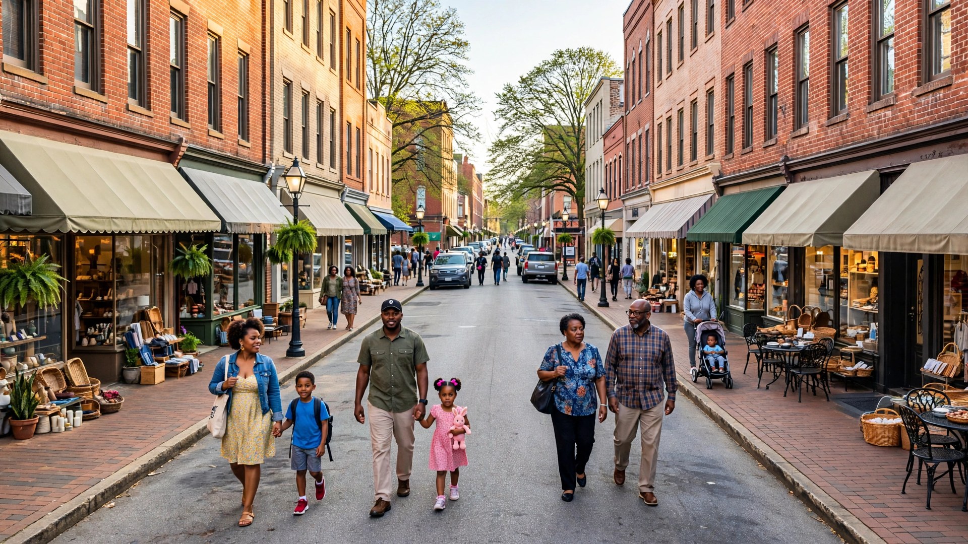 Families walking a historic main street in Macon Georgia past brick storefronts