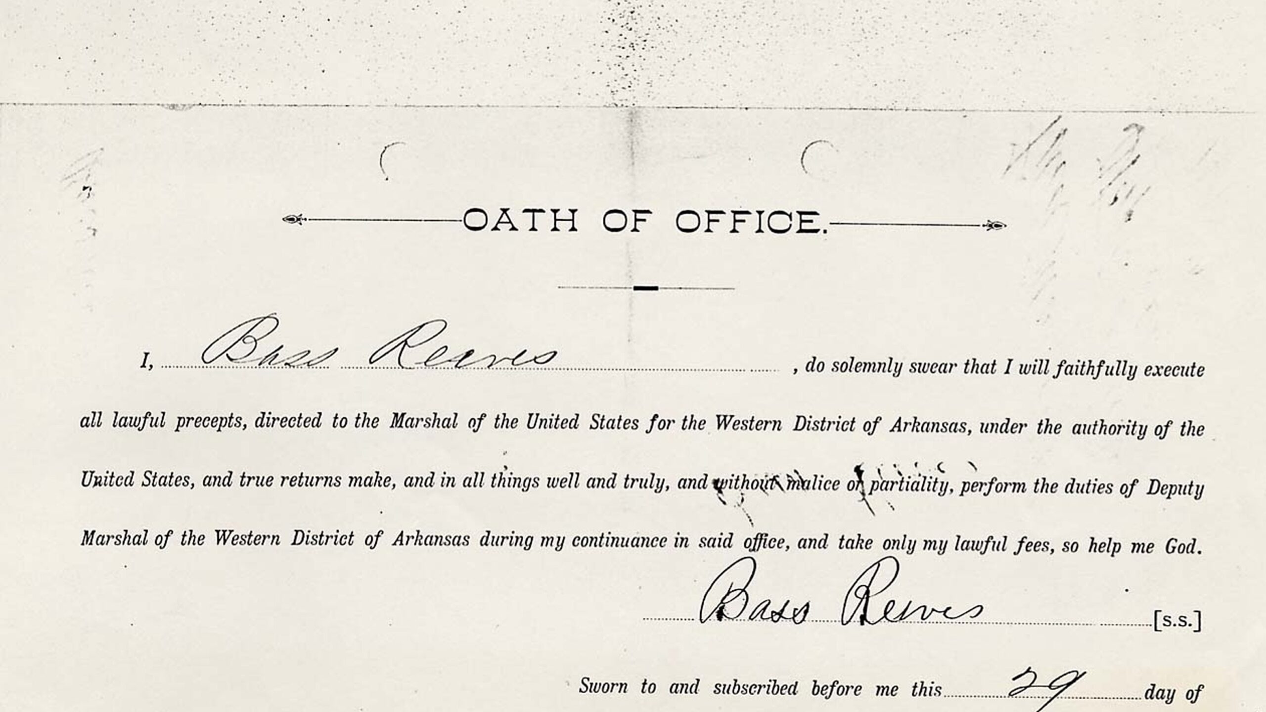 Oath of office document signed by Bass Reeves as a deputy marshal