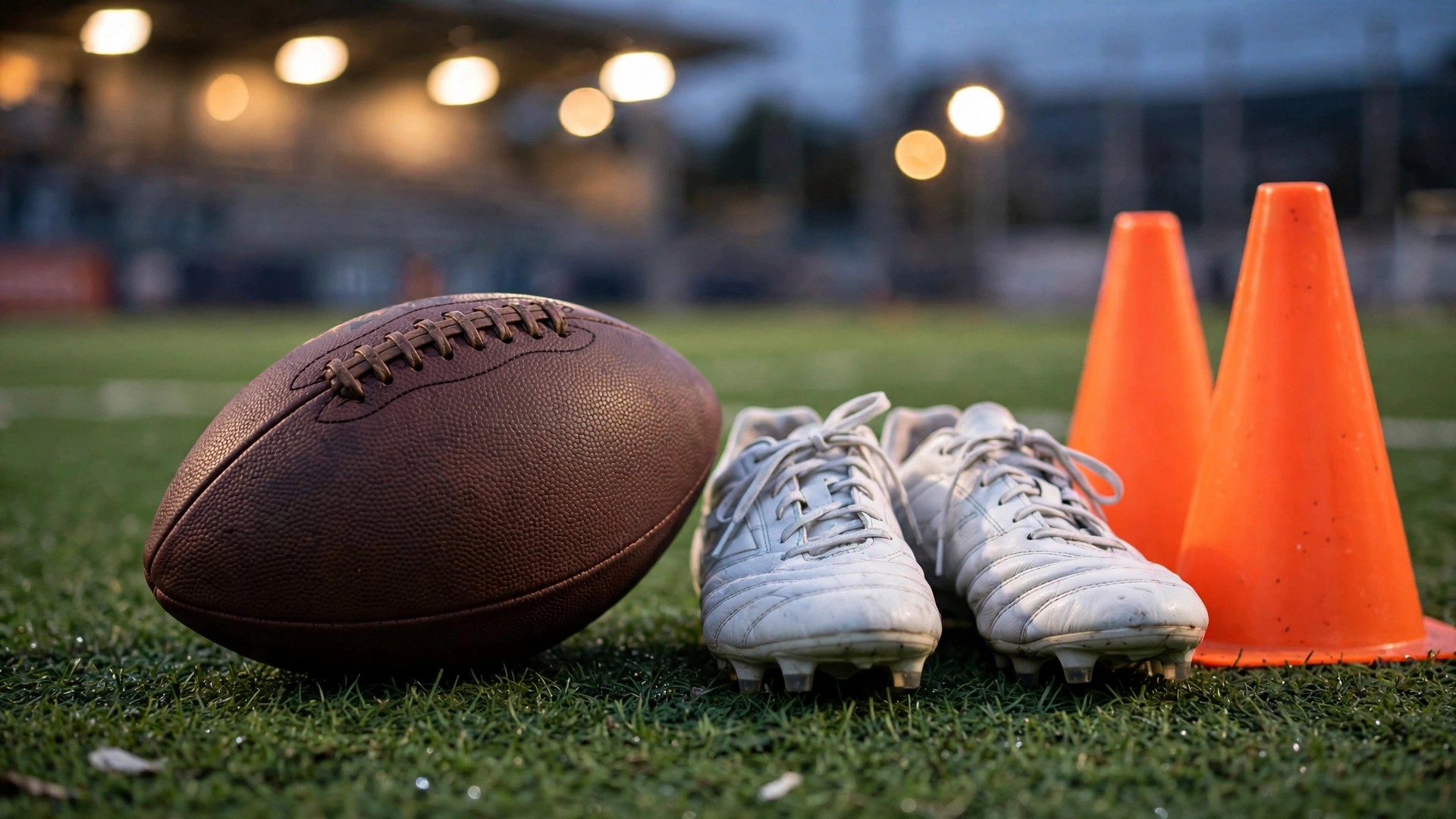 A football and cleats rest on turf beside training cones
