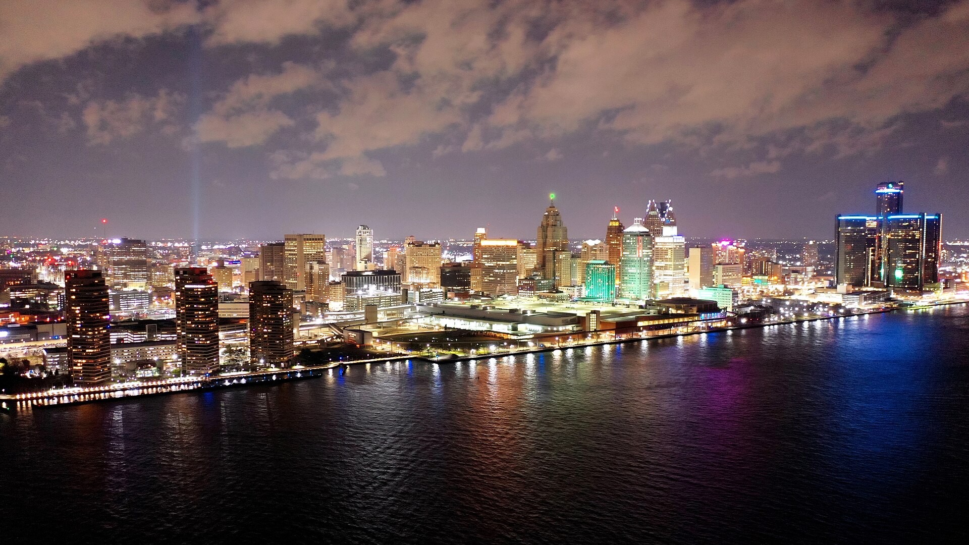 Downtown Detroit skyline under a clear daytime sky