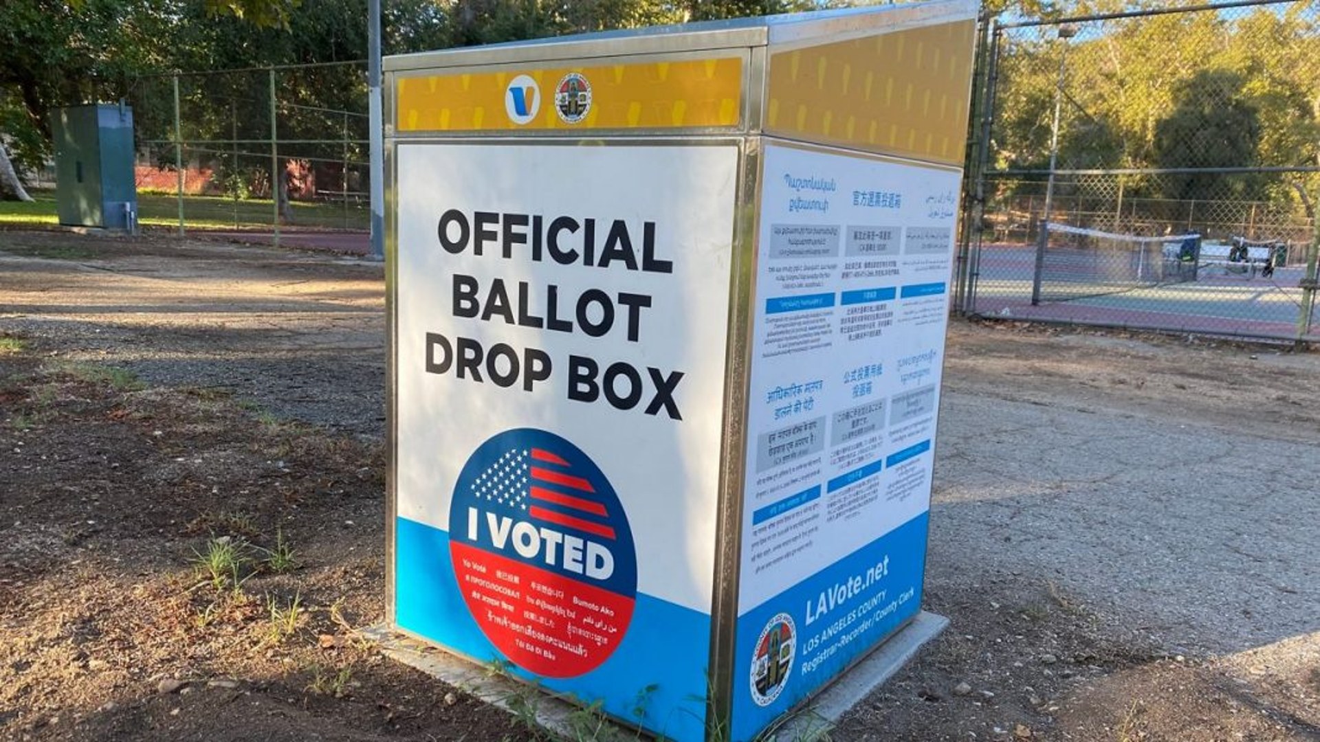 Official ballot drop box in Los Angeles County with an I Voted sign