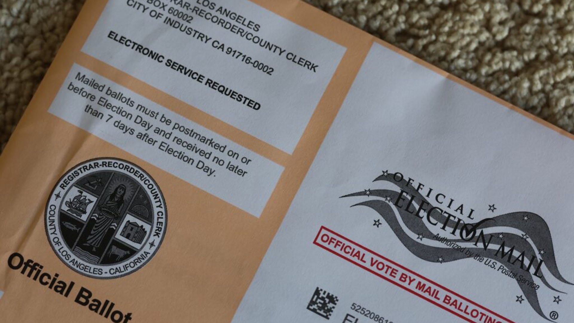 Official ballot envelope from the Los Angeles County Registrar Recorder