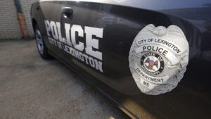 A Lexington Mississippi police cruiser parked outside the police facility near the town square