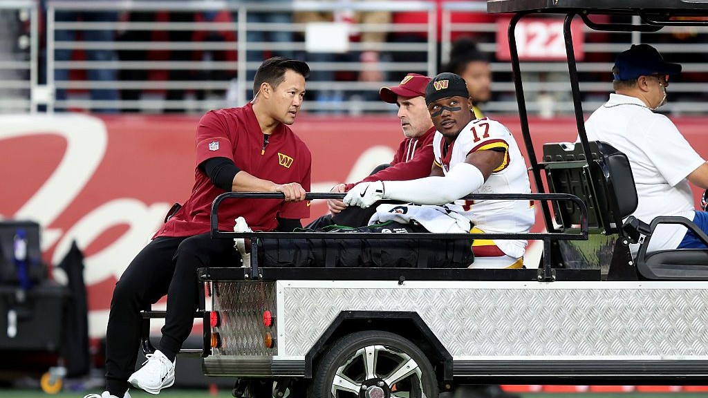 Terry McLaurin rides the cart off the field at Levis Stadium on Monday night