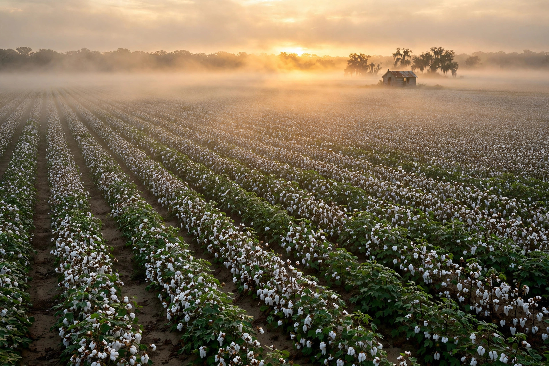 Mississippi Delta cotton fields at sunrise where Fannie Lou Hamer once picked cotton