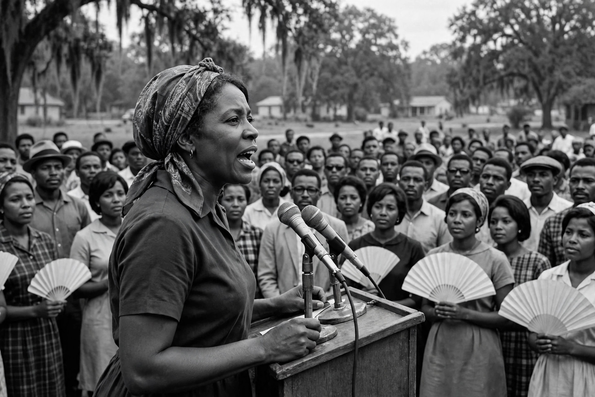 Artistic rendering of Fannie Lou Hamer speaking at a 1960s civil rights rally in Mississippi