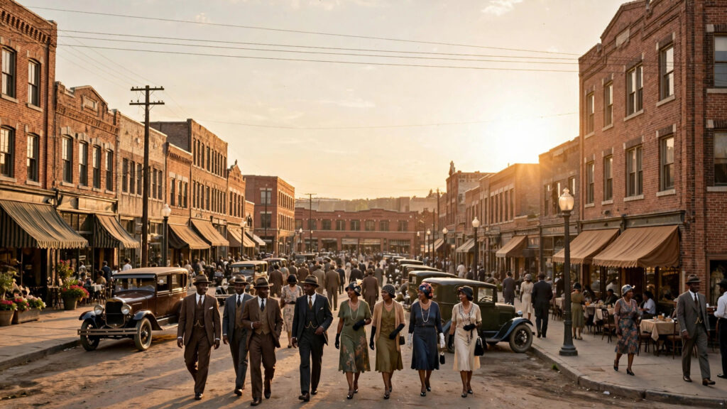 Illustration of the thriving Greenwood business district in 1920s Tulsa known as Black Wall Street