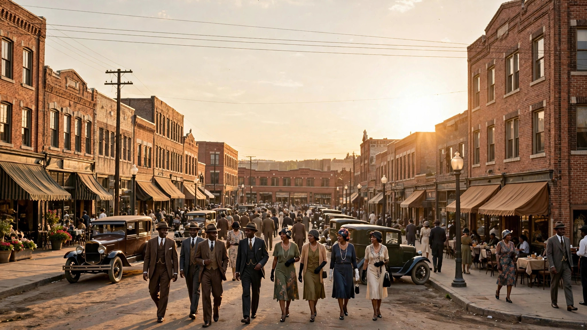 Illustration of the thriving Greenwood business district in 1920s Tulsa known as Black Wall Street