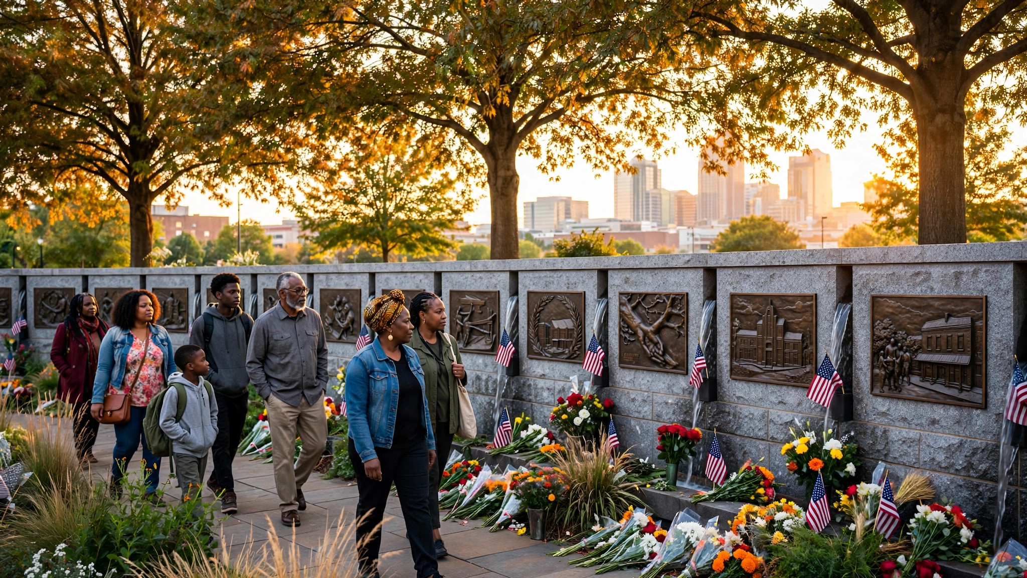 Illustration of visitors at a modern memorial honoring the Greenwood district in Tulsa
