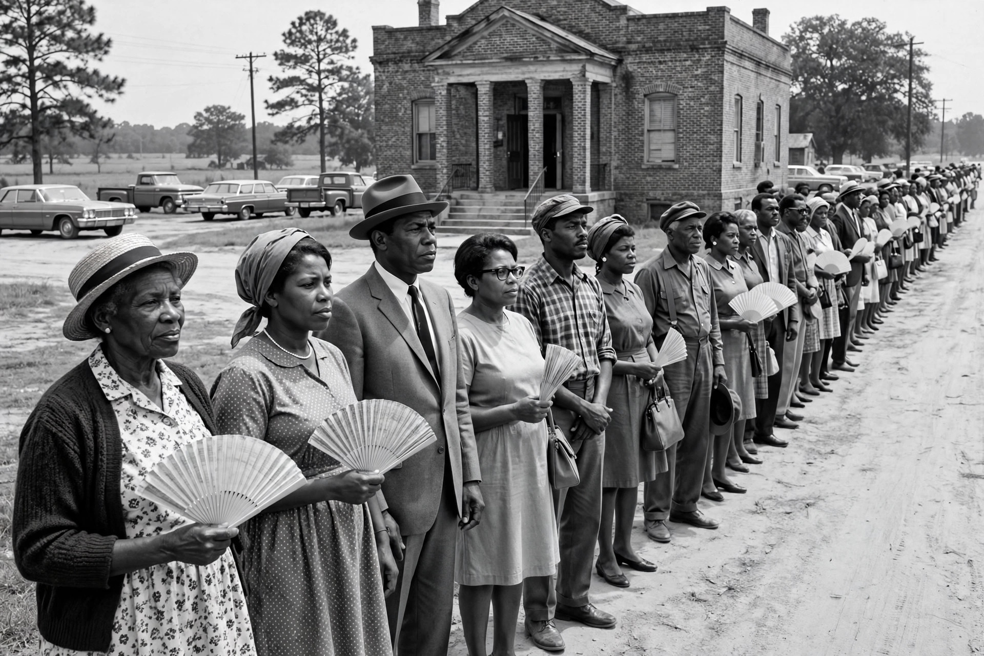 Long line of African American voters waiting outside a courthouse in 1960s Mississippi