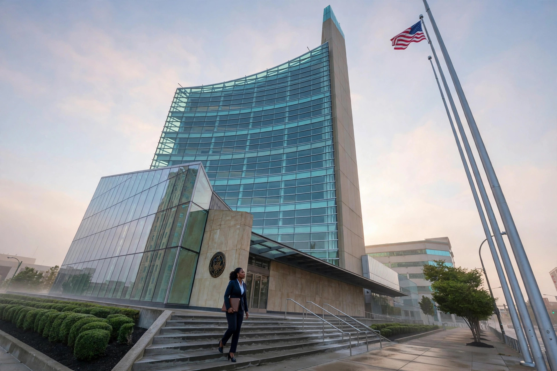 African American woman walking up the steps of the Buffalo federal courthouse at dawn
