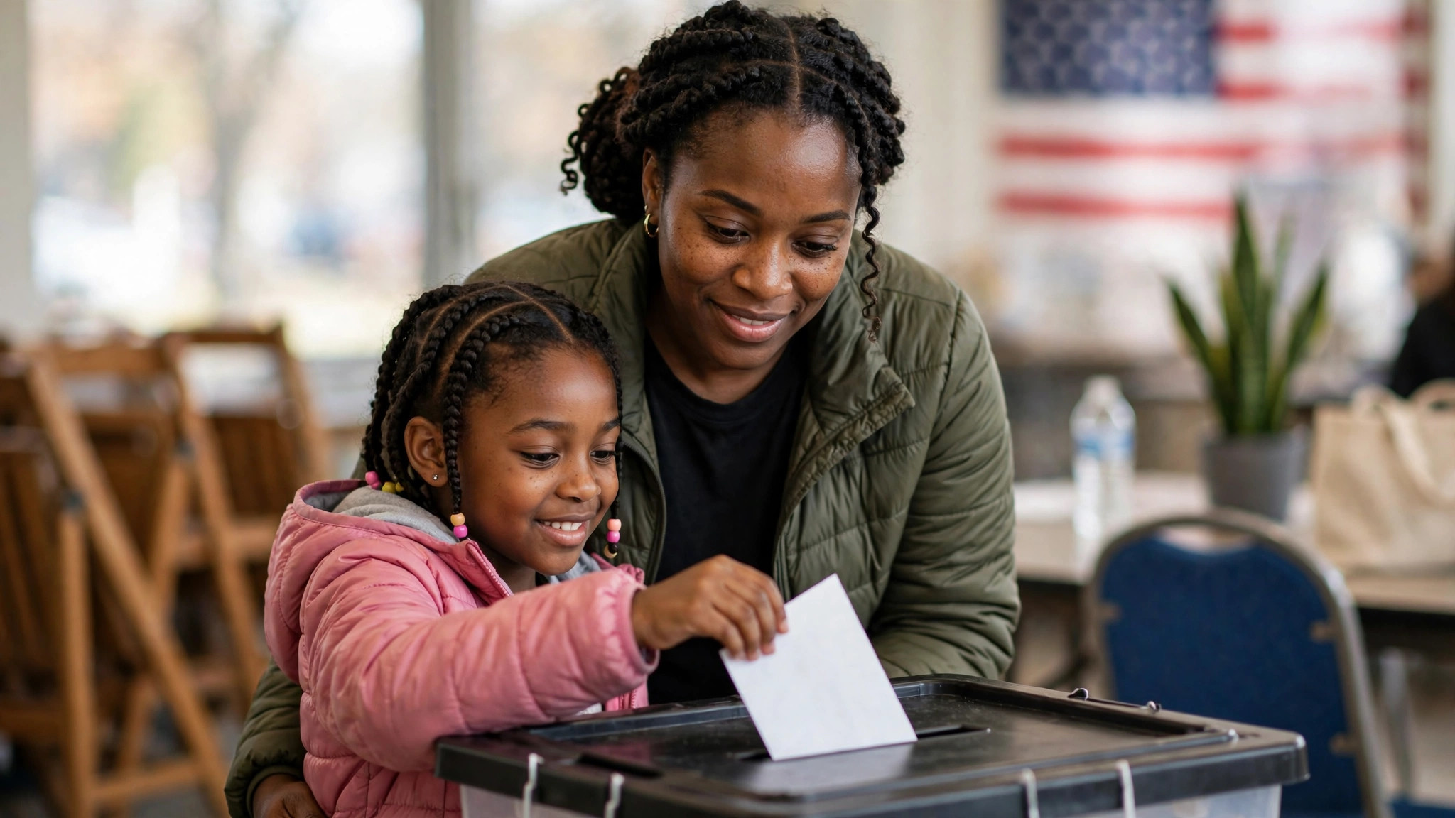Black mother and daughter placing a ballot into a ballot box at a polling place