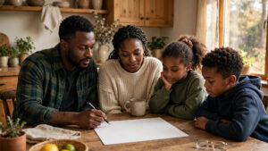 Black family filling out a census form together at their kitchen table