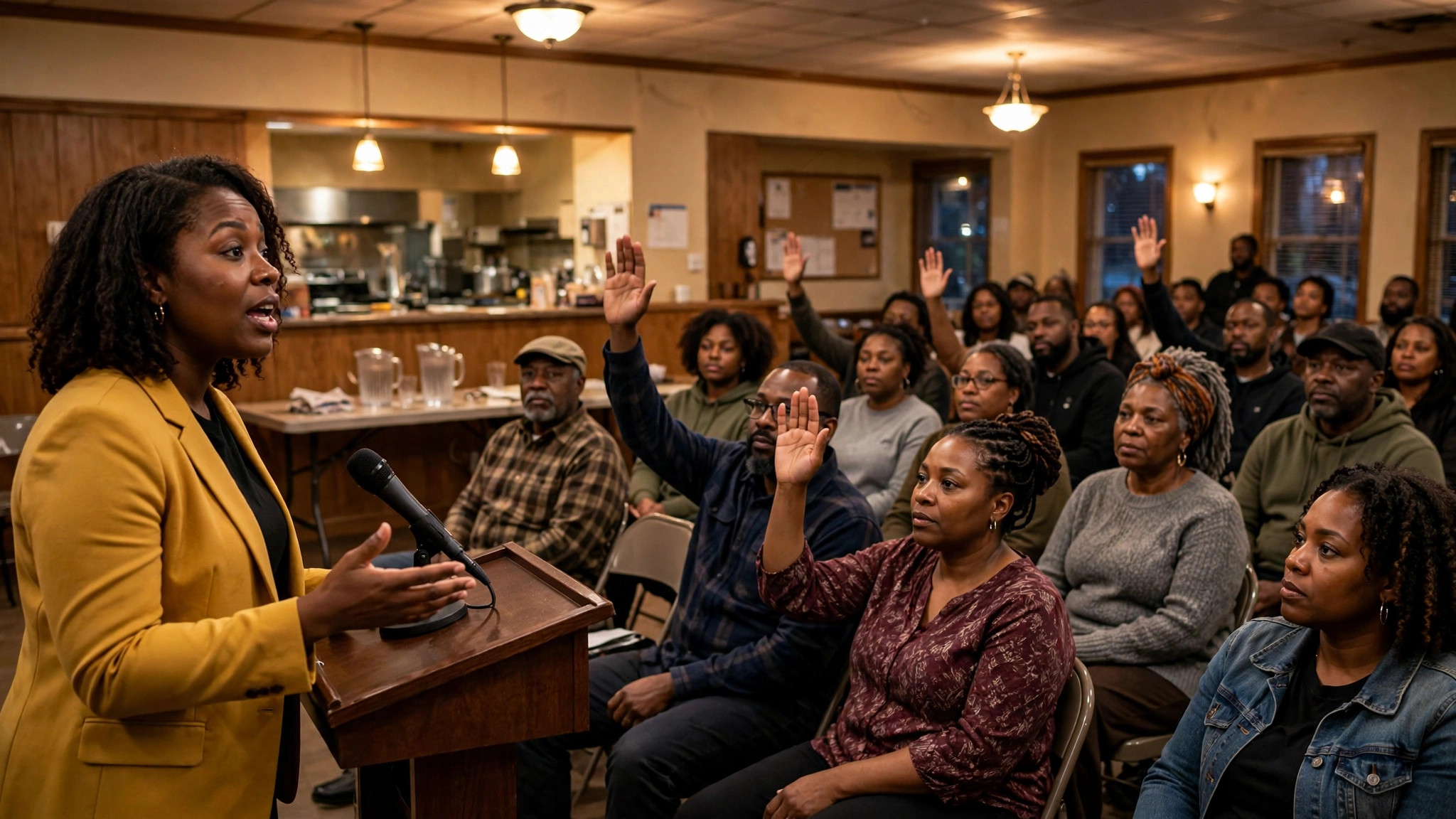 Black community members at a town hall meeting discussing voting rights