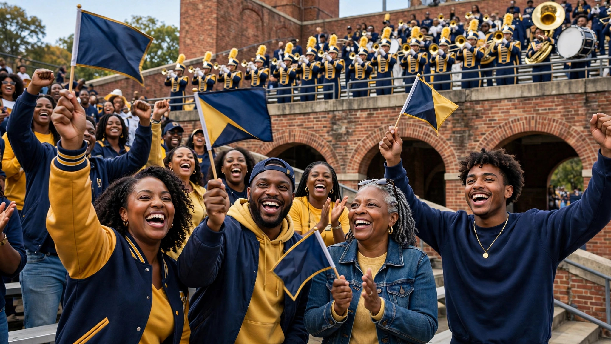 African American college football fans celebrating in the stands