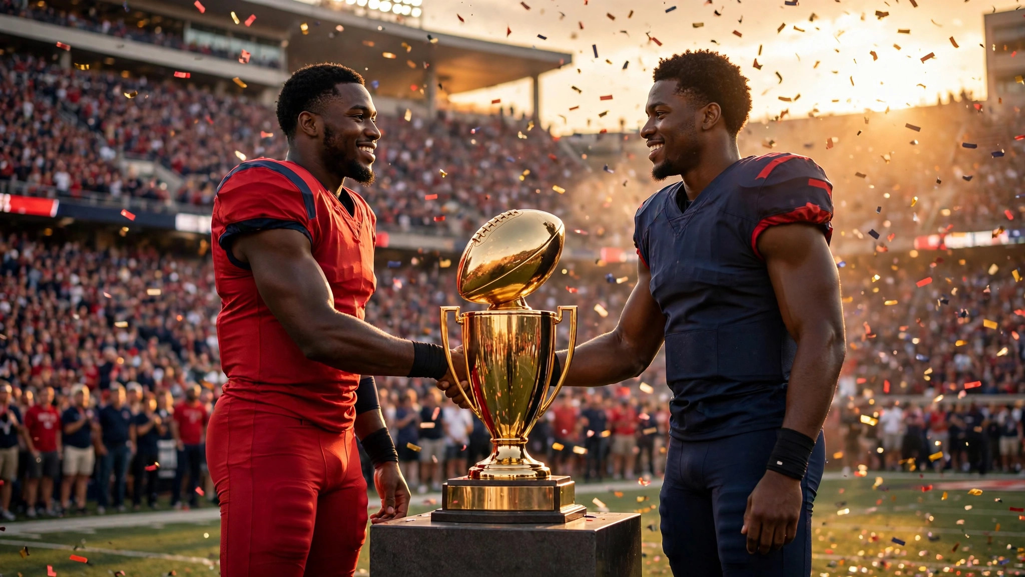 A gold football trophy in a college stadium as quarterbacks shake hands
