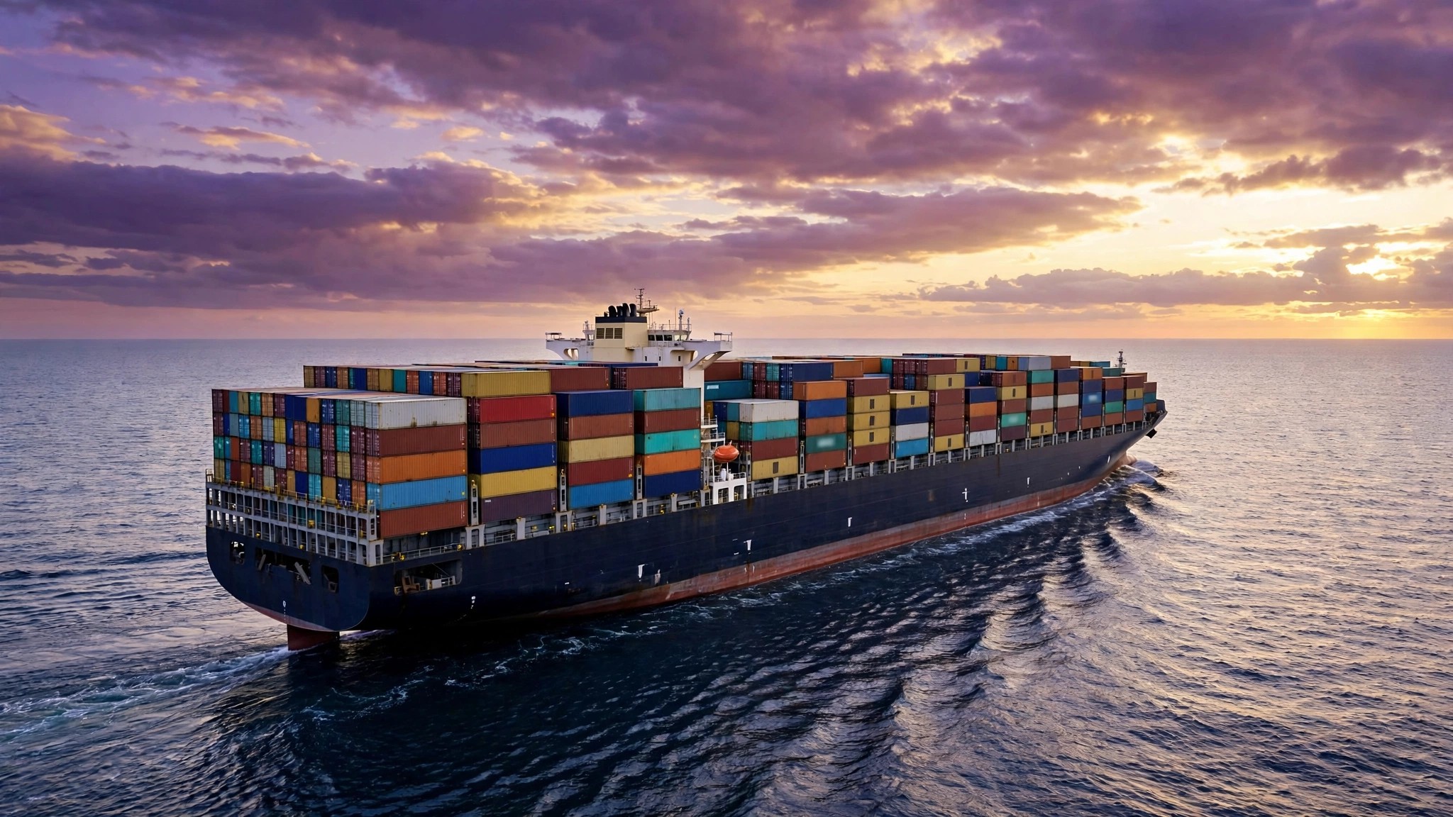 A large container ship loaded with colorful containers sailing on the open ocean at dusk