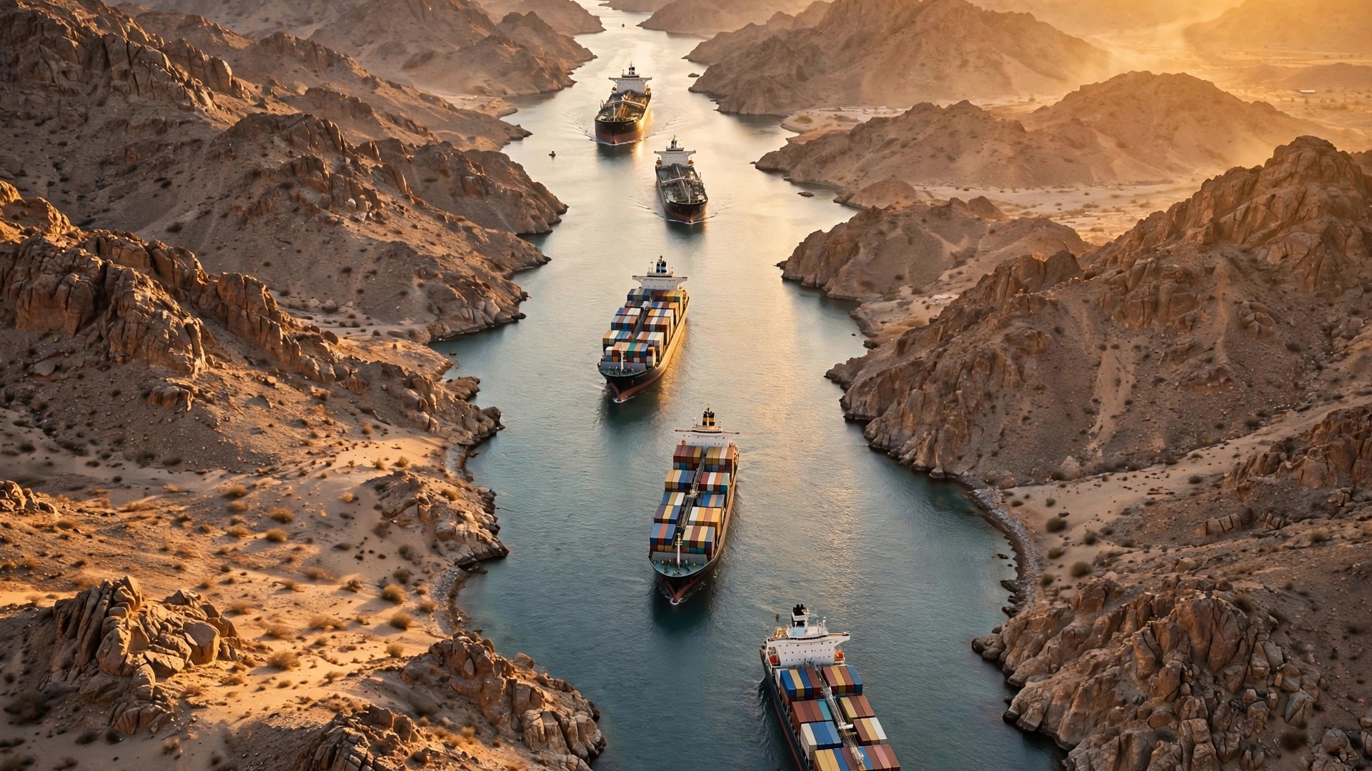 Cargo ships sailing through a narrow strait between rocky desert mountains at golden hour