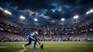 A packed NFL stadium at night as the kicker lines up for an overtime field goal