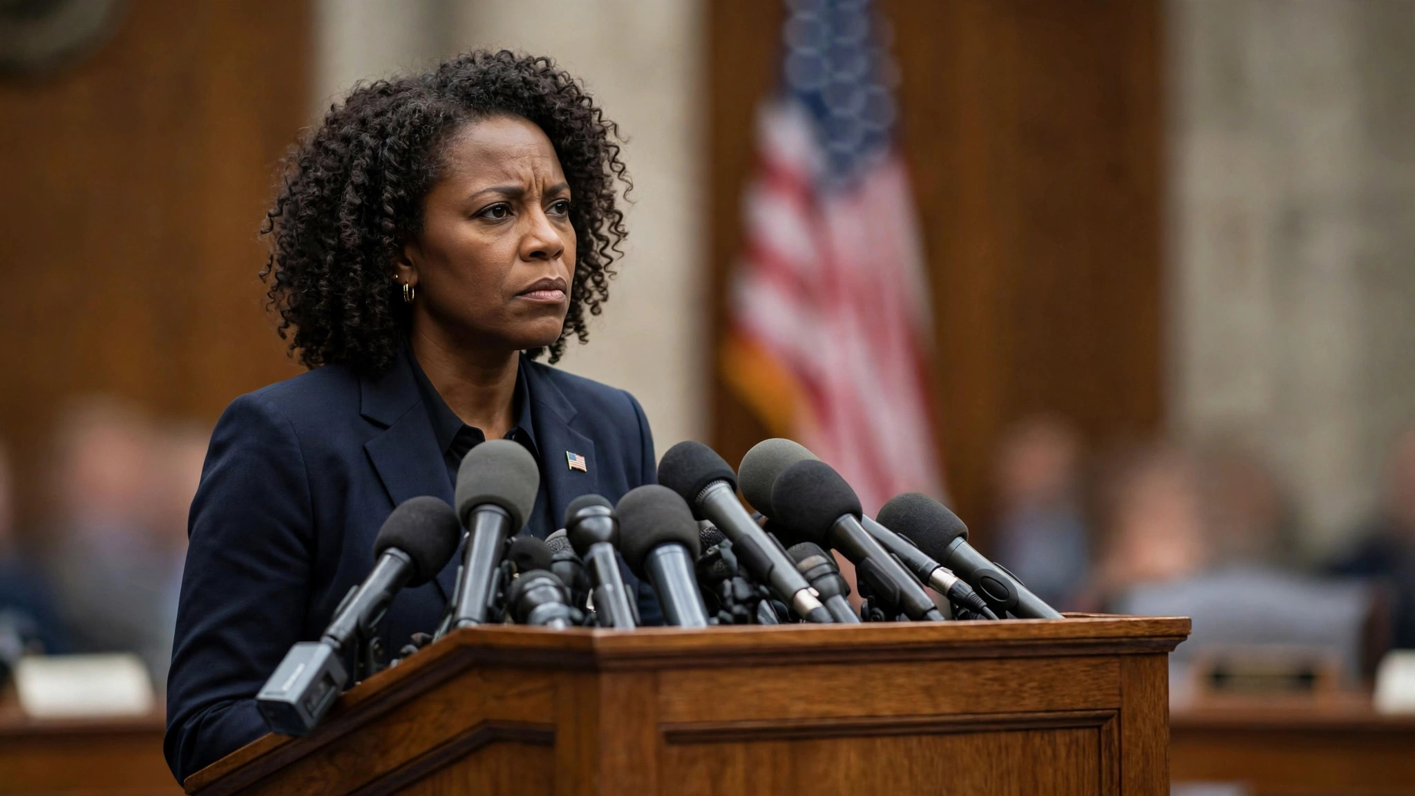 Black congresswoman speaking at a press conference podium