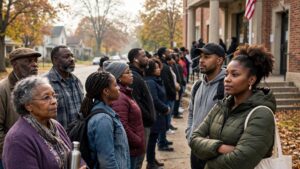 Black voters wait in line outside a polling place on Election Day