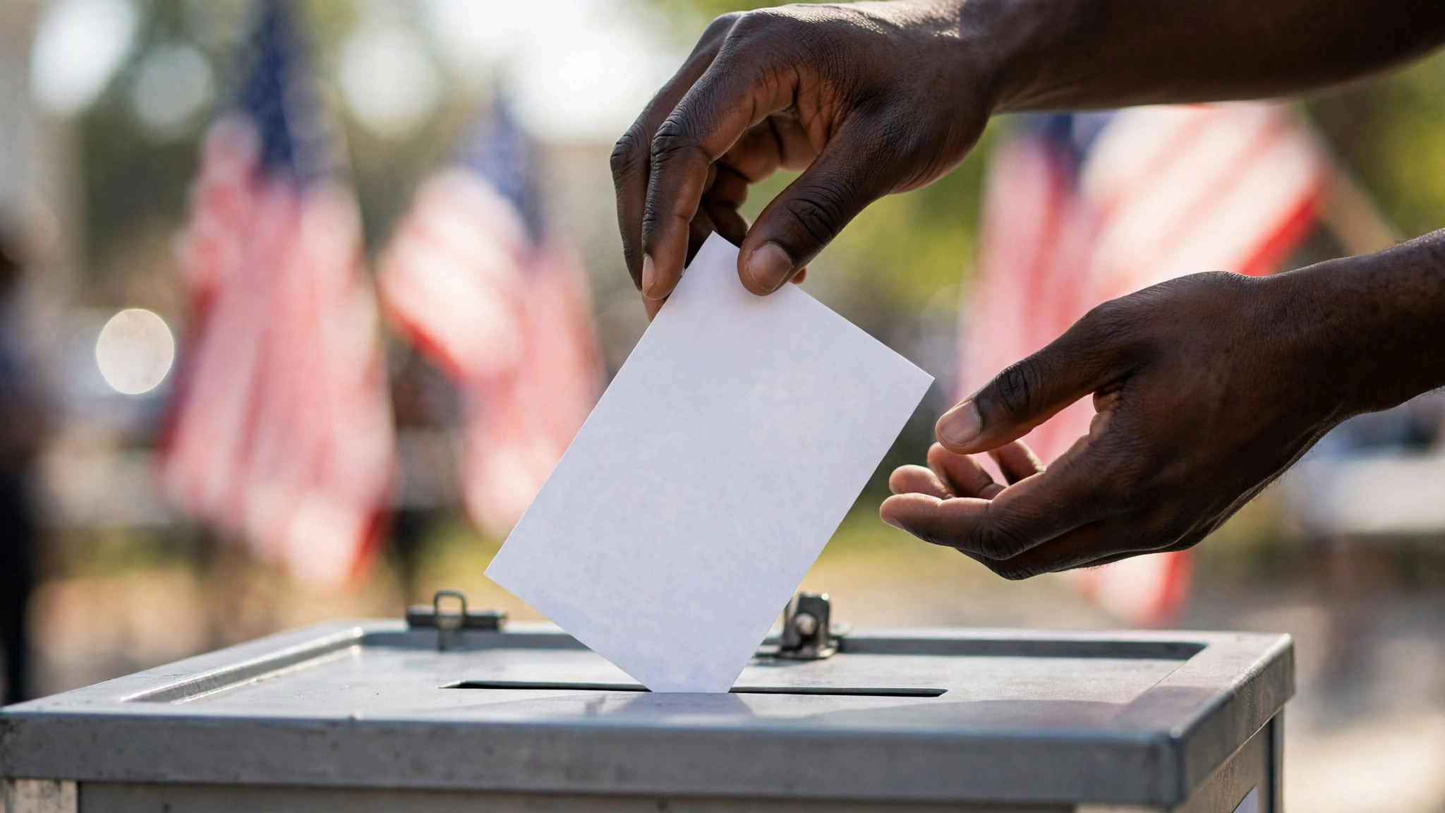 Black hands place a paper ballot into a ballot box at a polling station