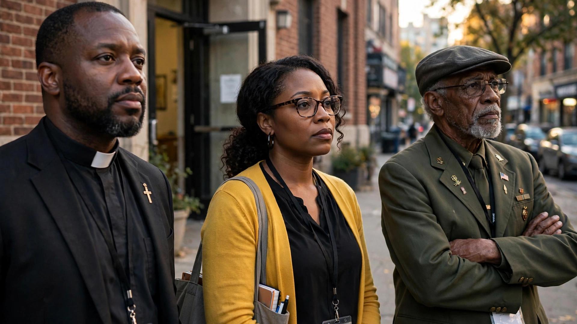 Black community poll observers standing outside a polling location