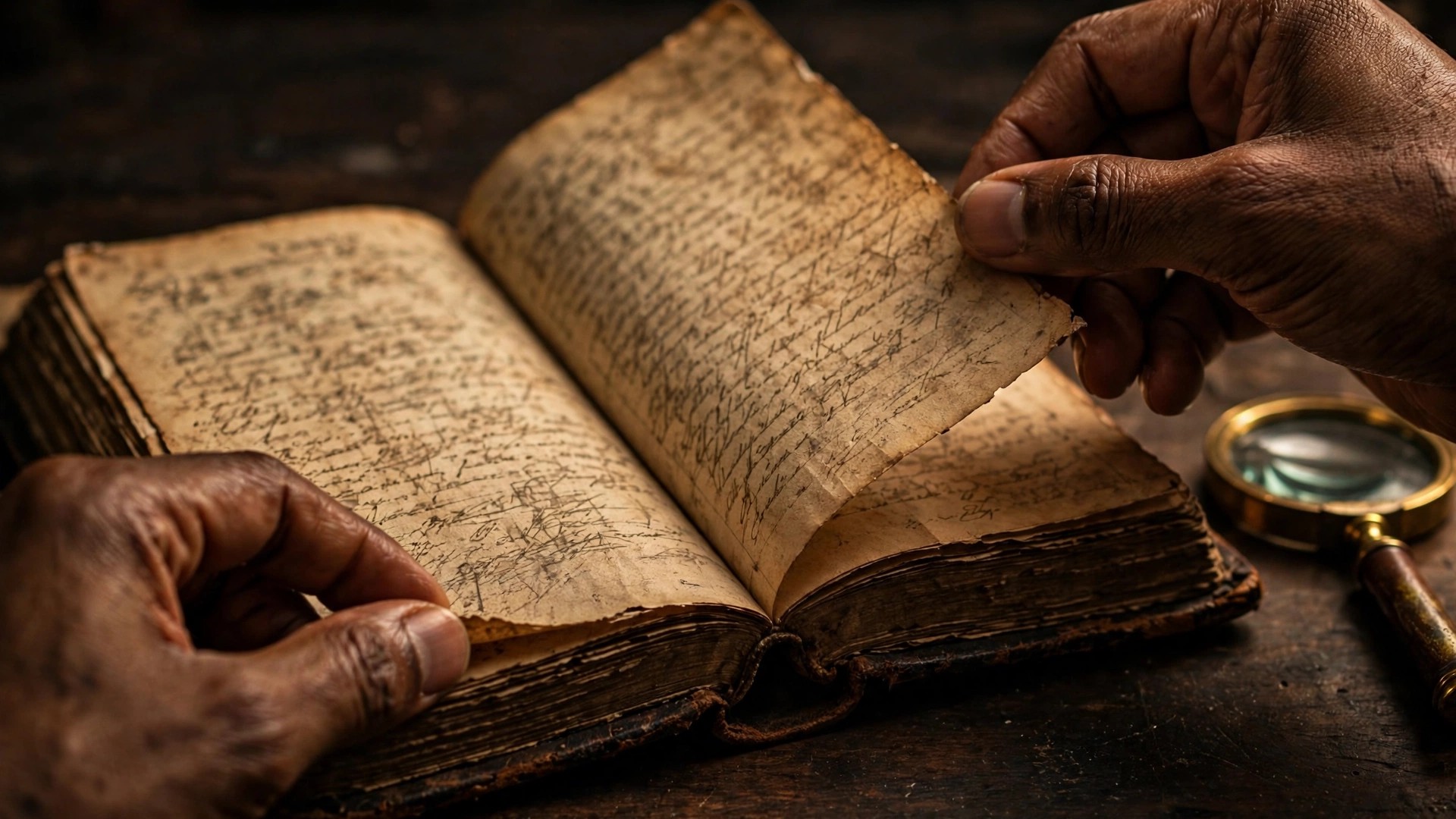 Black hands turning pages of an old handwritten ledger symbolizing corporate records of slavery era transactions