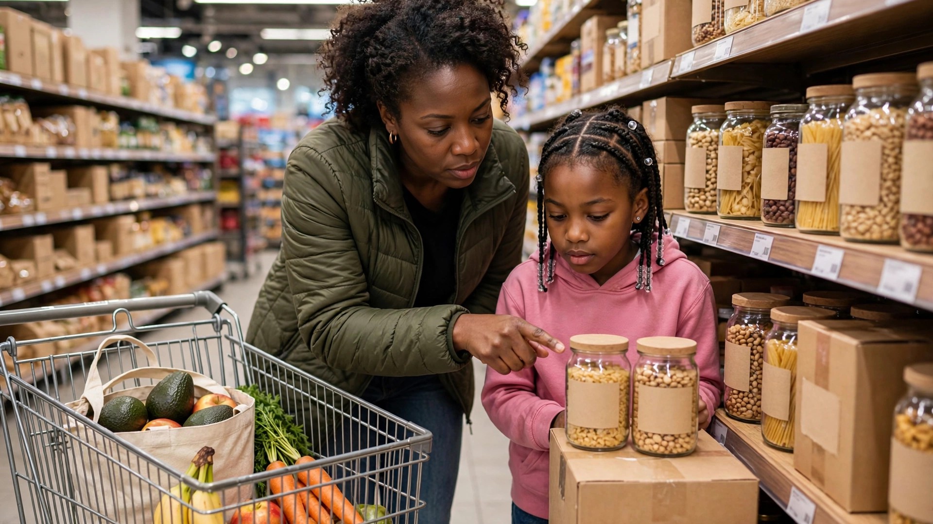 Black mother and daughter comparing grocery prices as rising inflation squeezes family budgets