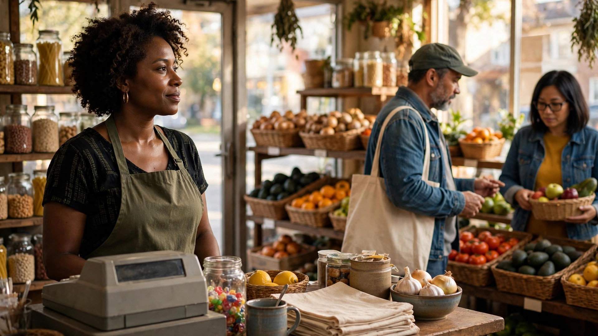 Black woman small business owner behind the counter of her neighborhood store