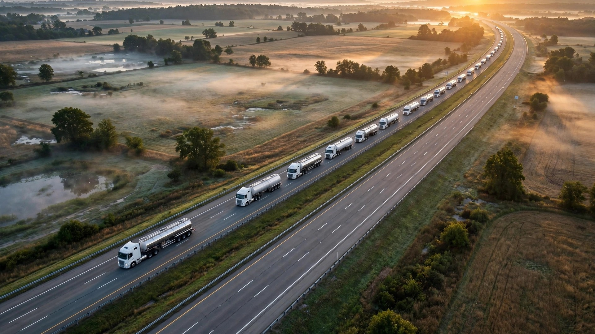 Line of fuel tanker trucks traveling on an interstate highway at sunrise