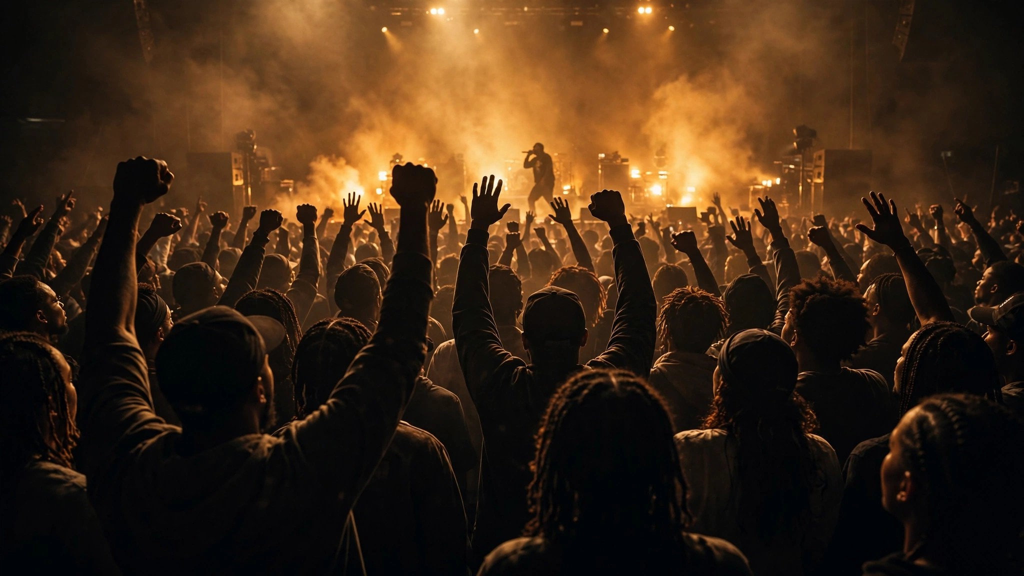 African American hip hop fans with raised hands at a packed concert under amber stage lights