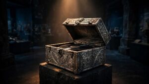 Ornate silver box holding a single vinyl record, evoking the single copy Wu Tang Shaolin album
