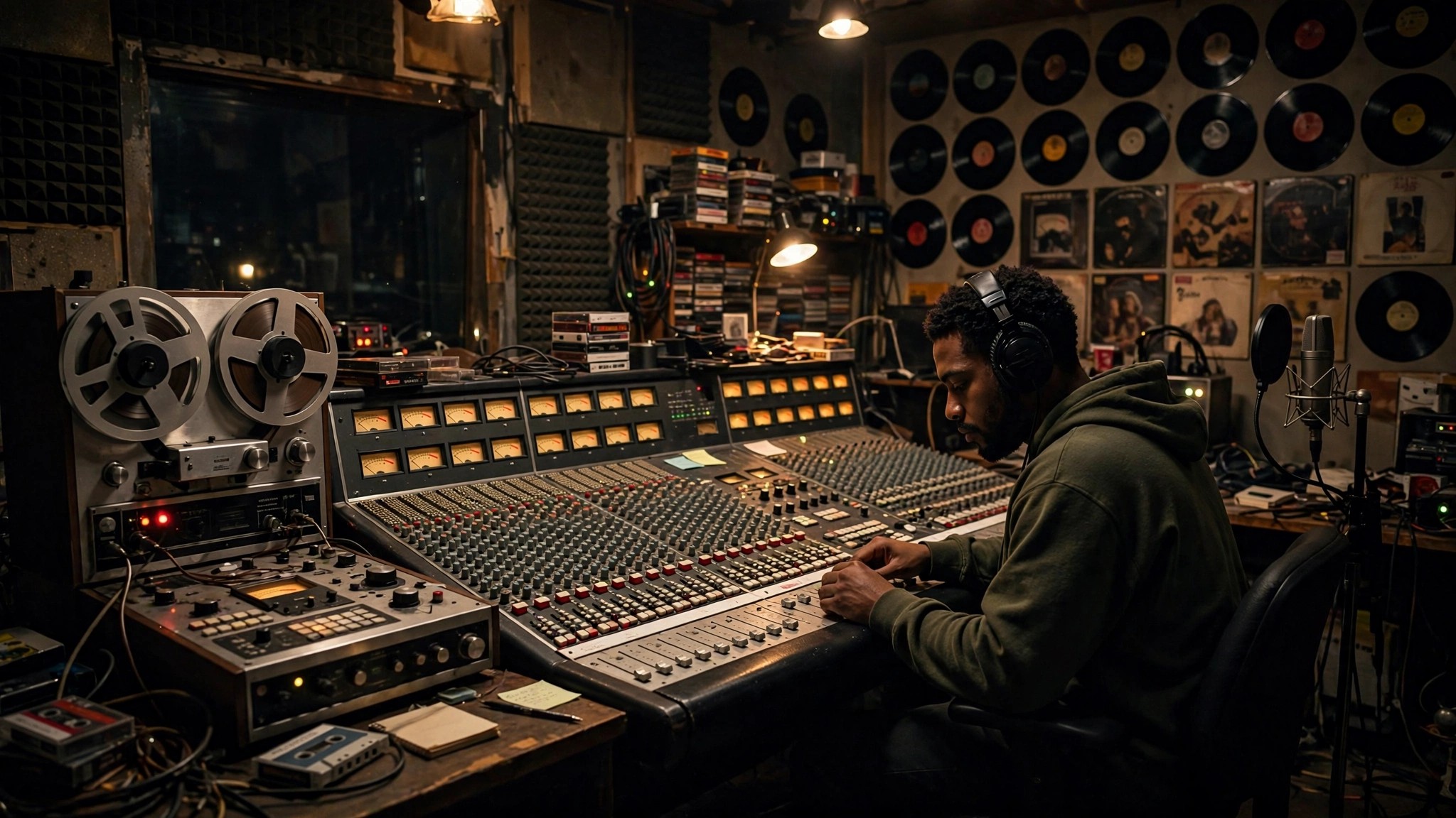 Black producer at a vintage mixing console in a 1990s style recording studio
