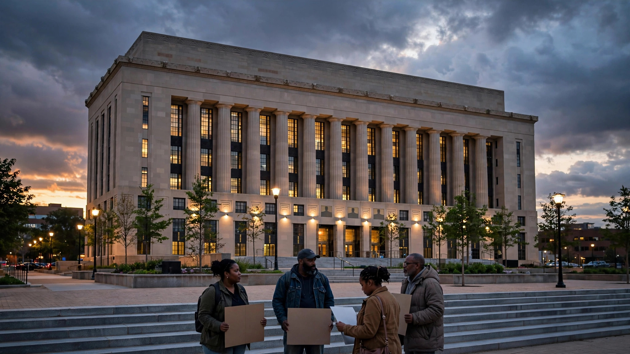 A federal courthouse in Memphis at dusk where citizens gather to defend voting rights