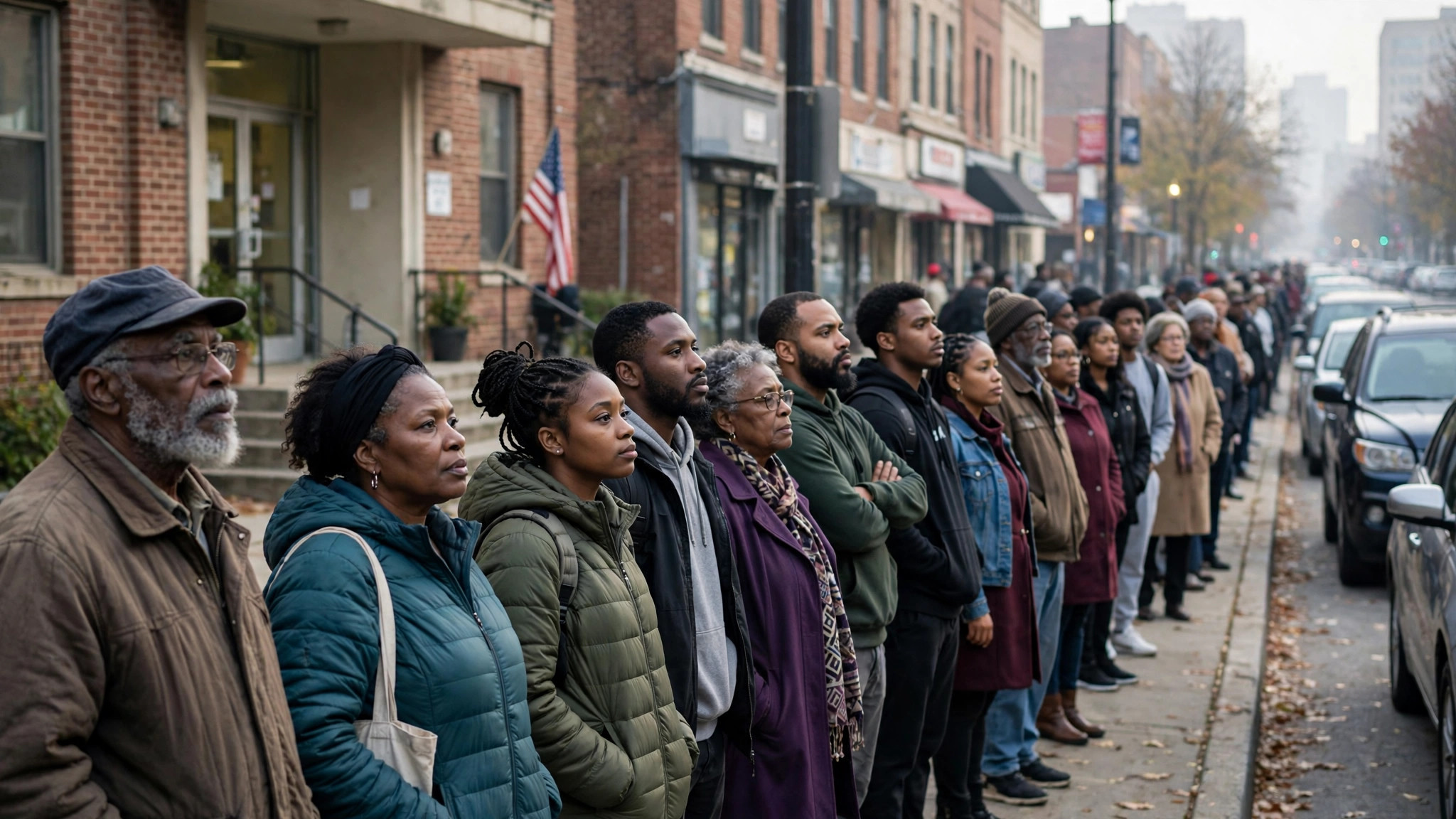 Black voters stand in a long line outside a Memphis polling place on a bright morning