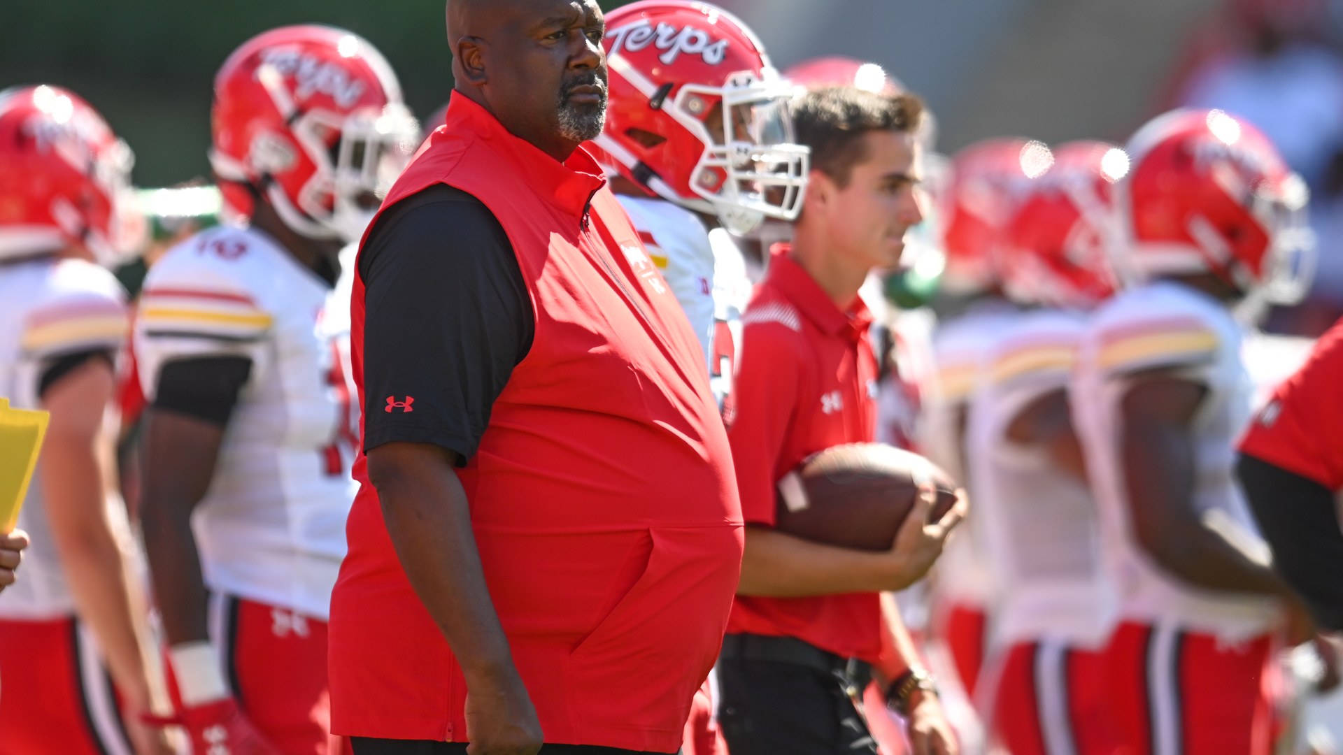 Maryland head coach Mike Locksley watches from the sideline during a game