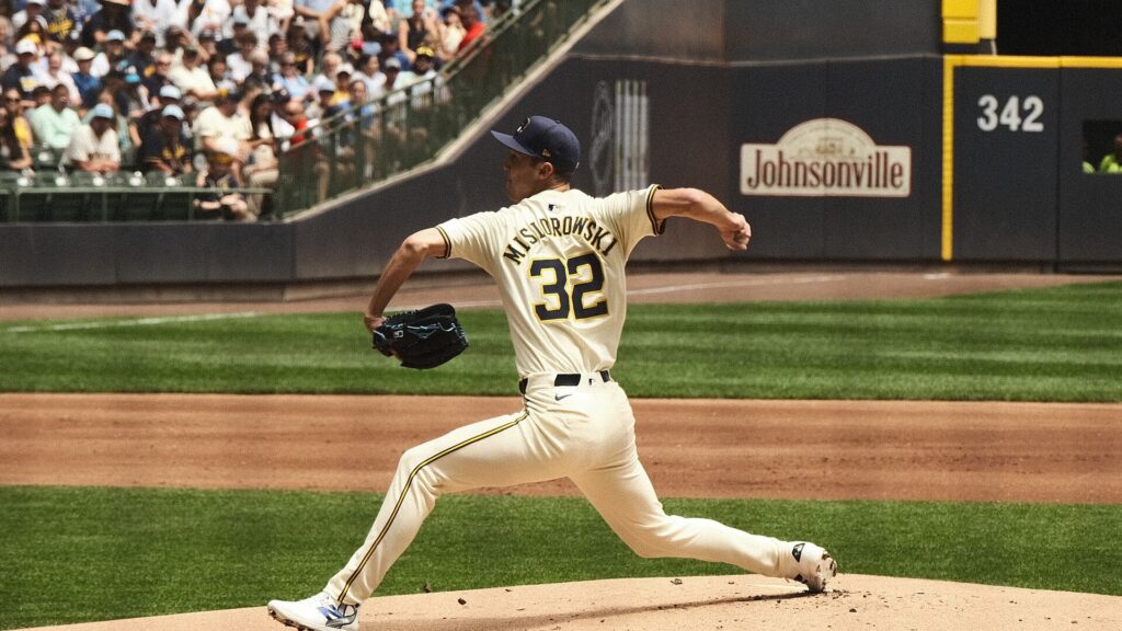 Jacob Misiorowski pitching for the Milwaukee Brewers